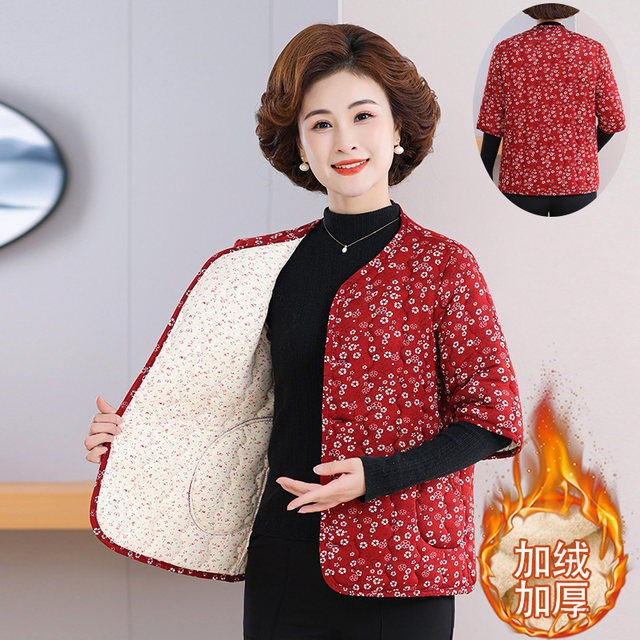 Middle-aged and elderly women's winter clothing, mid-sleeve floral vest, thickened velvet vest, three-quarter sleeve cotton coat, mother's half-sleeved cotton jacket