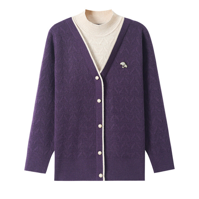 Middle-aged mother spring new sweater women's spring autumn winter thickened velvet middle-aged and elderly fake two-piece long-sleeved bottoming shirt