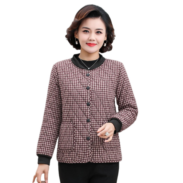 Middle-aged and elderly autumn and winter new fashion plaid plus velvet short coat mother's style modern round neck thickened warm cotton coat for women