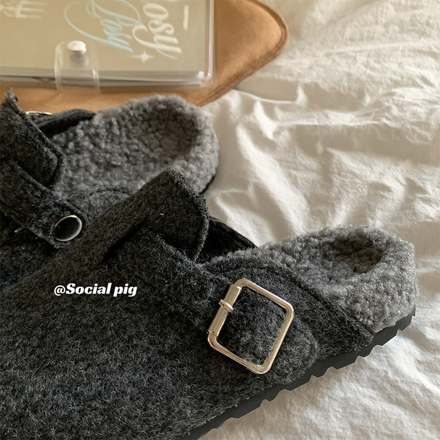 
I really love gray ~ furry slippers for women, thick-soled Birkenstock cotton shoes, winter non-slip toe-cap half slippers for women