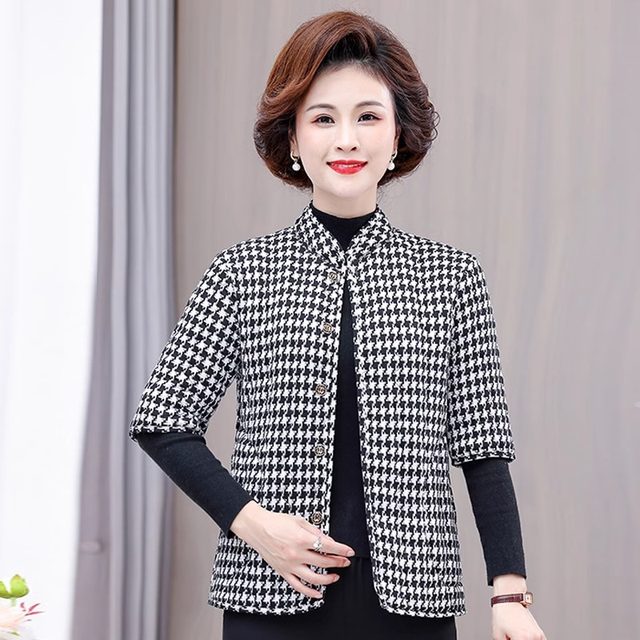 Mom's autumn and winter thin cotton coat, short vest, middle-aged and elderly women's clothing, mid-sleeve floral warm velvet jacket