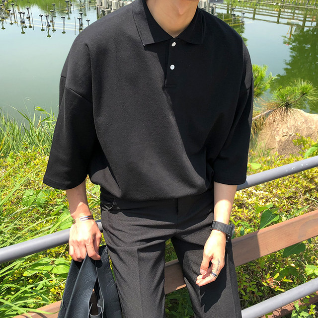 MRCYC men's five-quarter sleeve lapel loose men's T-shirt summer Korean trend Harajuku solid color short-sleeved POLO shirt