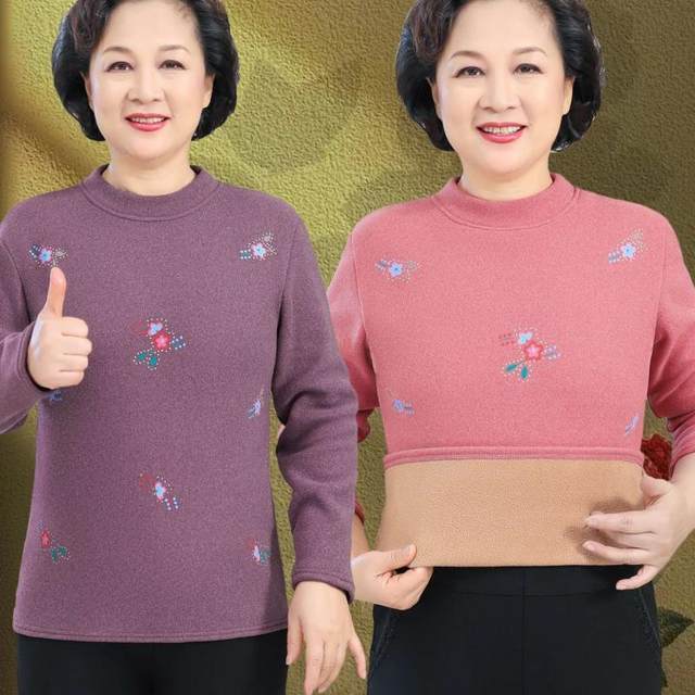 Grandma's velvet base shirt autumn and winter new style middle-aged and elderly women's warm mid-collar T-shirt stretch-thick top
