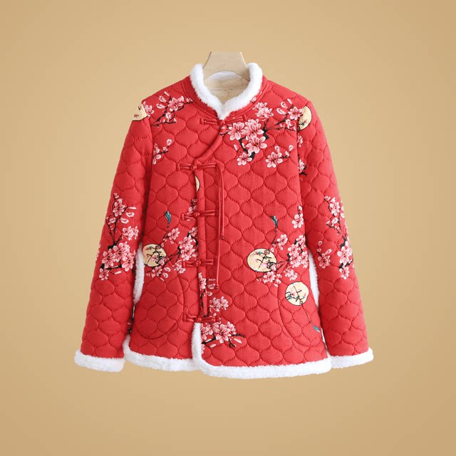 Ethnic style northeastern flower cotton-padded jacket for middle-aged and elderly women, plus velvet and thickening, retro buttoned cotton-padded clothes for mothers, national-style small cotton-padded clothes