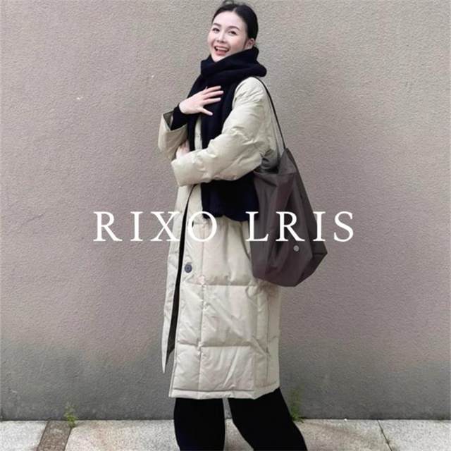
RIXO LRIS French solid color thickened round collar plaid white duck down jacket for women all-match autumn and winter long coat