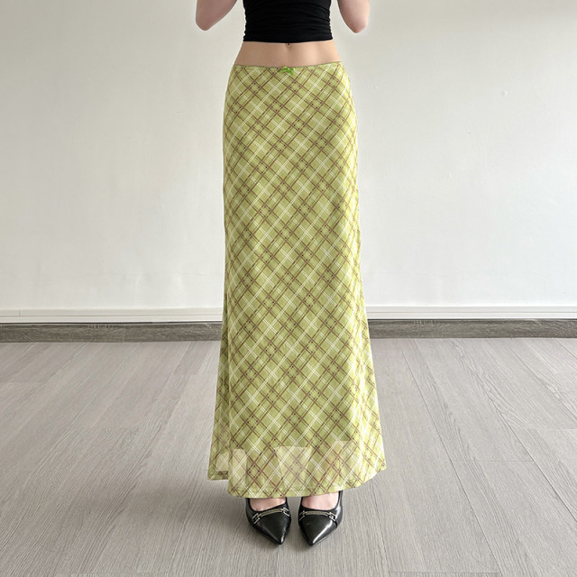 HEYOUNGIRL Summer Mambo Contrast Color Checker Green Mesh Skirt Fresh Retro Vintage Hip-cover Long Skirt