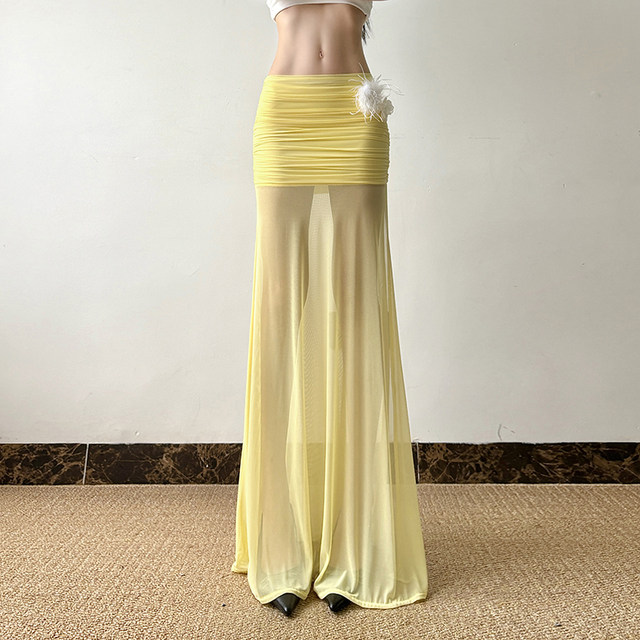 HEYOUNGIRL Seaside atmosphere mesh slit yellow skirt vacation style versatile sexy hip-covered long skirt