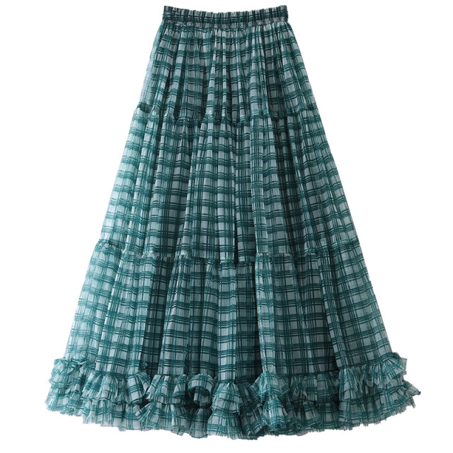 Dayichuang blue plaid mesh skirt women's sweet wooden ears spliced ​​with large styling dancing puff fairy gauze skirt long skirt