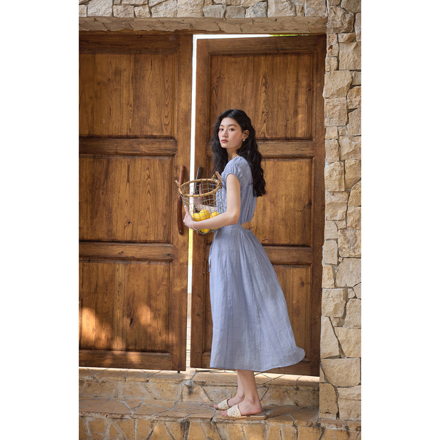 Solighter French Tennis Ramie Square Neck Backless Dress for Women in Summer 2025 New Waist-Close Long Skirt