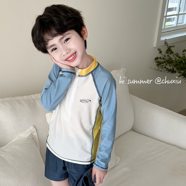 Children's swimsuits boys split long sleeves sun protection quick drying small and medium-sized boys beach baby short-sleeved student swimsuits