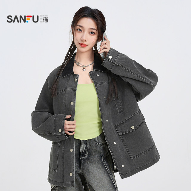Sanfu jacket for women 2025 new spring contrasting lapel versatile loose retro denim top for women 496760
