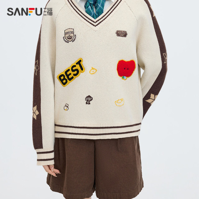 Sanfu sweater 2025 new spring interesting pattern striped V-neck casual petite tops for women 496394