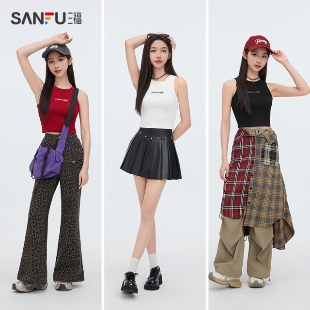 Sanfu vest 2025 summer embroidery design slim short I-line top women's clothing 495898
