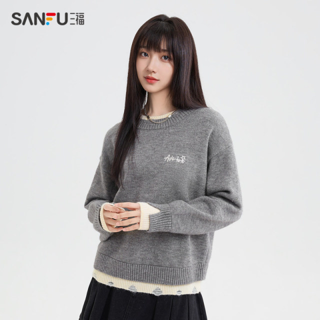 Sanfu pullover sweater for women 2025 spring design contrast color fake two-piece fashion red top women's clothing 494590