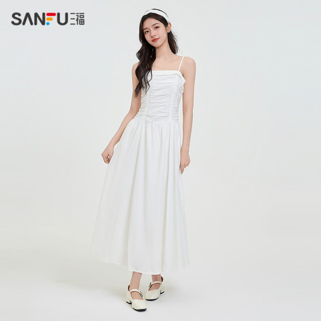 Sanfu Dress 2025 Summer Simple Wrinkled Waist Scattered Vest Skirt Long Skirt Women's Clothing 498356
