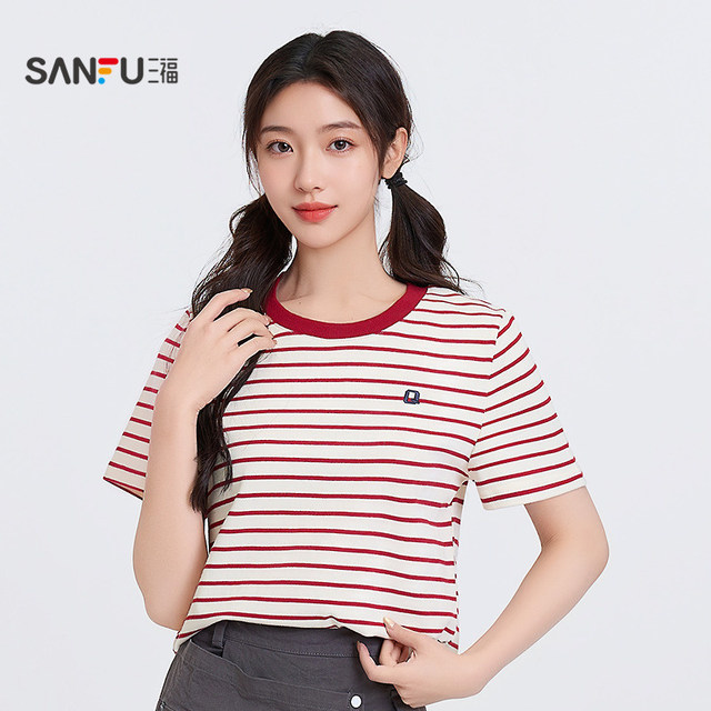 Sanfu short-sleeved women's 2025 new summer embroidered round neck T-shirt striped casual simple top women's clothing 495817
