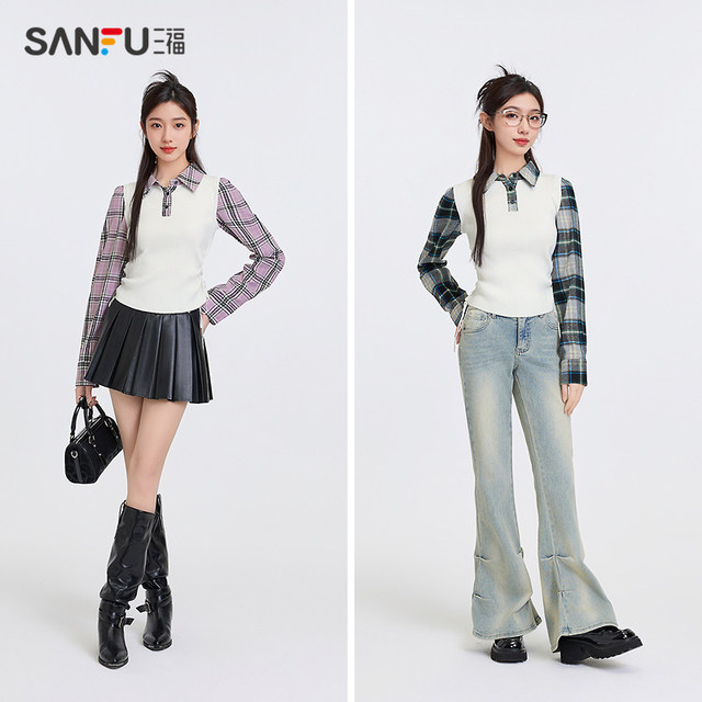 Sanfu Sweater 2025 new spring design fake two-piece slim plaid short top women's clothing 496697
