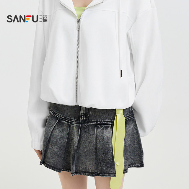 Sanfu white sweatshirt coat for women 2025 spring fashion flower bud hooded cardigan top for women 498344
