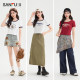 Sanfu short T-shirt 2025 summer American pattern printed contrasting short round neck top women's clothing 495811
