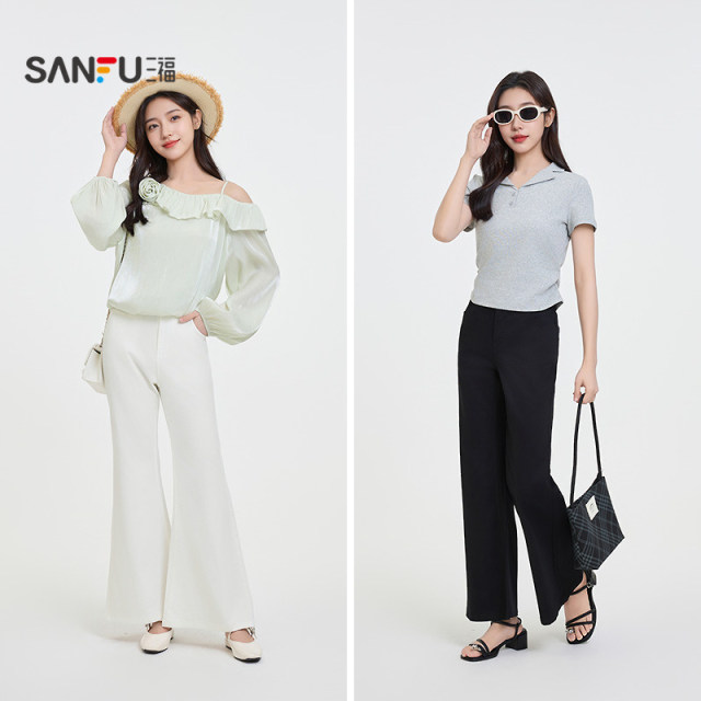 Sanfu casual pants 2025 new summer simple slim low waist bell-bottom pants white long pants women's clothing 498363
