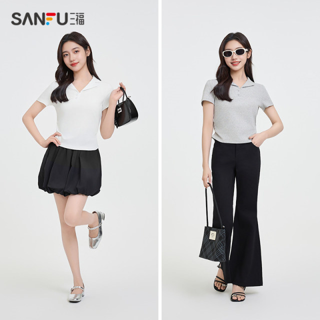 Sanfu short T-shirt 2025 summer simple temperament wrinkled lapel fitting women's clothing 498596
