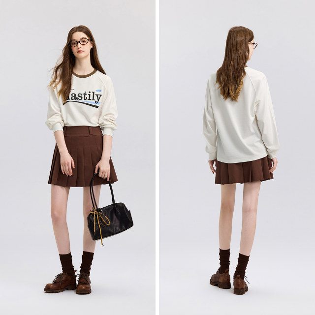 Semir long-sleeved T-shirt women's letter contrast round neck retro fashion spring loose raglan sleeve pullover personality trend