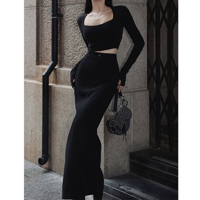 Pear-shaped figure plus size gray high-waisted hip suit half-length skirt for women slimming mm retro a-line straight skirt