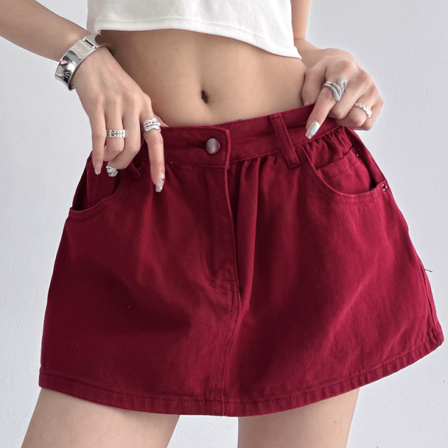 Red high-waisted fashionable age-reducing denim miniskirt for women 2025 summer new hot girl fashionable a-line skirt pants