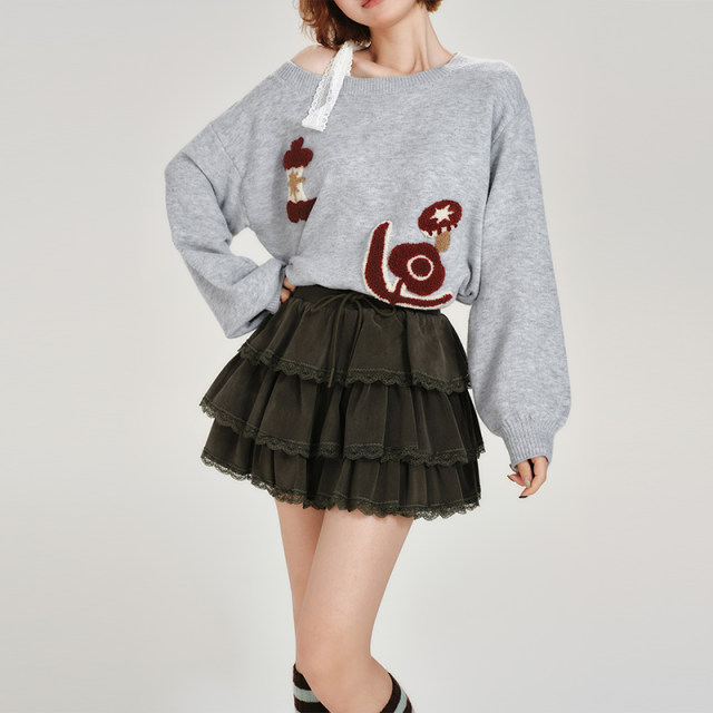 Girlhalo American retro cake skirt for women in autumn and winter new high-waisted lace-up three-layer puffy skirt skirt

