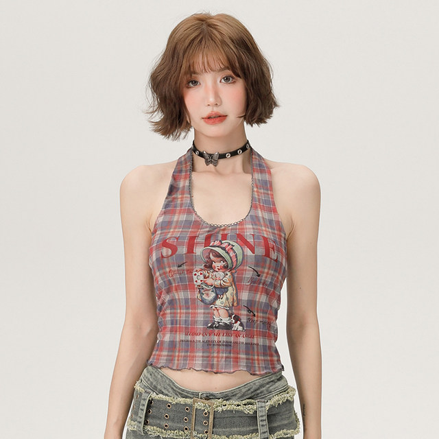 Girlhalo retro plaid halter neck sling for women in summer new slim sweet and cool hot girl underwear