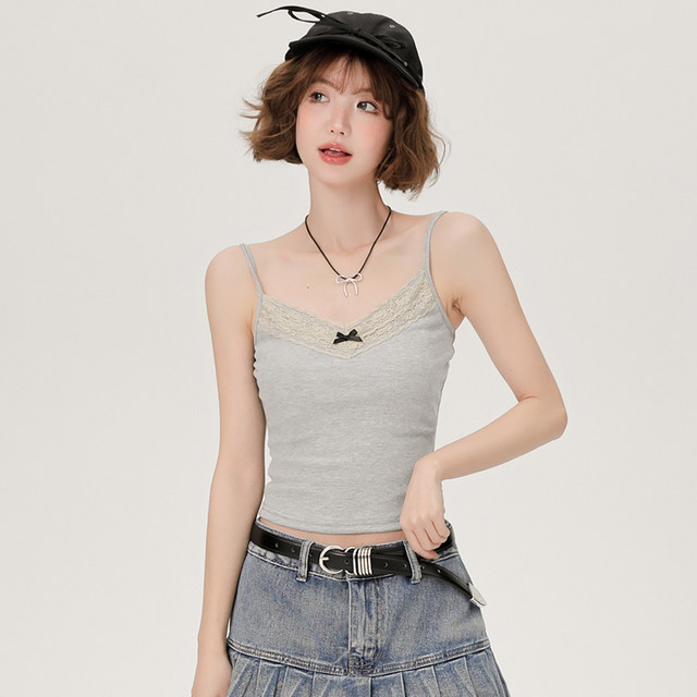 Girlhalo gray lace suspender vest for women in summer lace lace wear beautiful back short top
