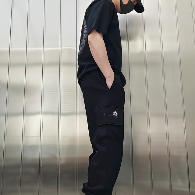 High street design trendy casual pants men's spring and summer loose foot ties sports trousers workwear pockets handsome functional style
