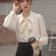 Lantern sleeve spring and summer bow shirt white commuting shirt women's French streamer design professional interview top