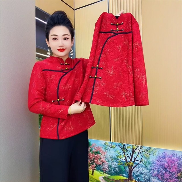 
Middle-aged and elderly women's new autumn style disc-buttoned retro-style shirts for women, loose, belly-covering, slimming, fashionable, versatile tops for women