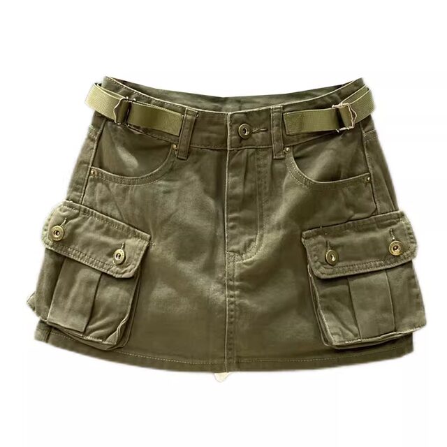 2024 autumn new models can adjust the waist retro -defense light work pocket pocket A -line hip -ray denim skirt women's tide