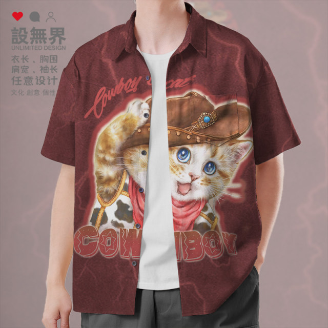 American retro western denim cat orange cat personality large size short-sleeved shirt men's and women's clothing 0017 design without boundaries