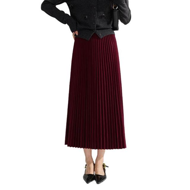 24 autumn and winter Ankela red pleated mid-length skirt commuting versatile high waist covering flesh to make you look thin and pleated skirt 15886
