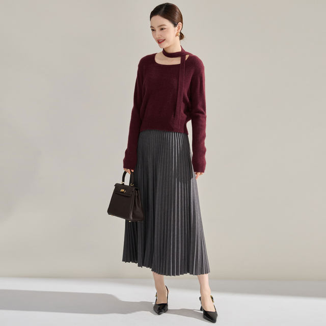 24 autumn and winter Ankela red pleated mid-length skirt commuting versatile high waist covering flesh to make you look thin and pleated skirt 15886
