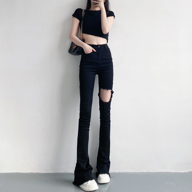 High-waisted slimming tight elastic raw edge black micro-flared jeans for women autumn 175 tall floor-length mopping pants