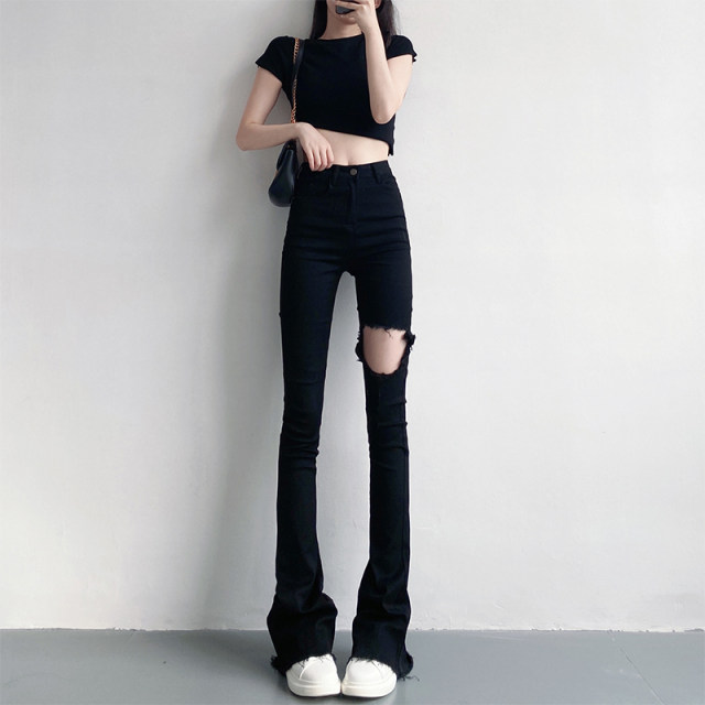 High-waisted slimming tight elastic raw edge black micro-flared jeans for women autumn 175 tall floor-length mopping pants