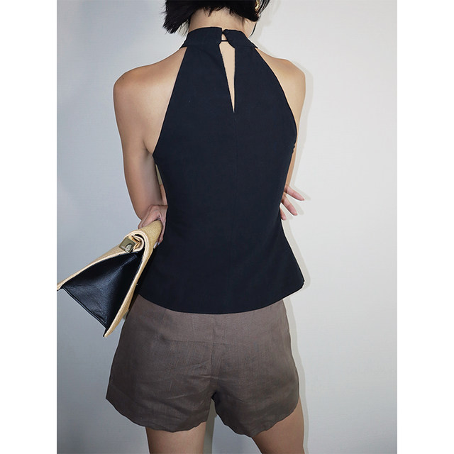 
VanessaLab halter neck buckle linen cross vest vest women summer black sleeveless niche commuter top