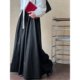 Retro Pu leather drooping half skirt female autumn high waist lace lace pleated mid -length skirt 9695 strong women's clothing
