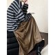 Retro Pu leather drooping half skirt female autumn high waist lace lace pleated mid -length skirt 9695 strong women's clothing
