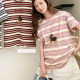 Gray striped T-shirt for women in summer loose cotton short-sleeved 2025 new large-size T-shirt embroidered top half sleeve