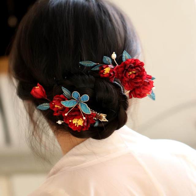 Butterfly hairpin red camellia cheongsam antique style toasting attire Chinese hairpin hair accessories bridal headwear