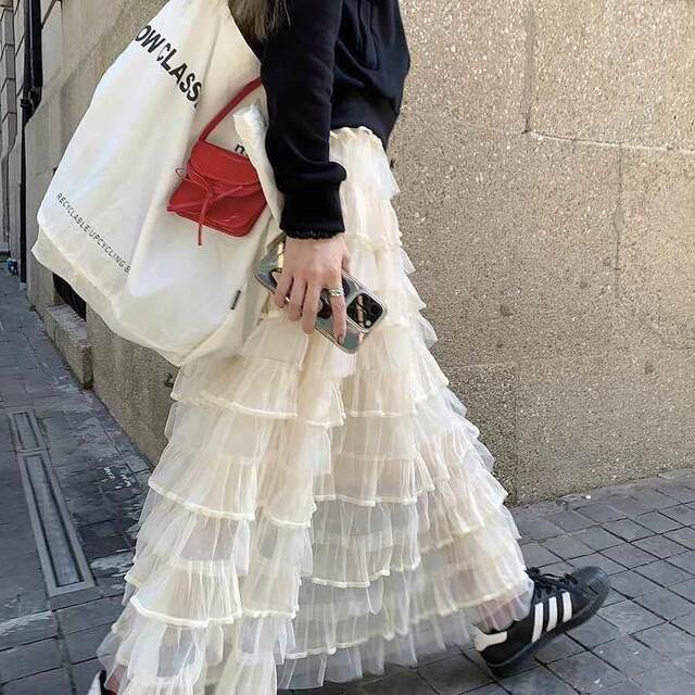 Puffed French layered cake skirt mesh skirt for women spring and summer new versatile mid-length apricot color a-line long skirt
