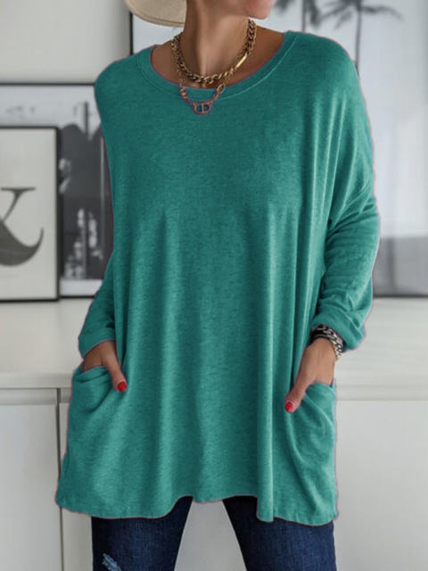 ebay Amazon wish spring, autumn and winter new style European and American round neck long sleeve loose pocket solid color T-shirt casual women
