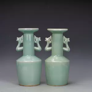 独特の上品 特大 中国古玩 極上 龍泉窯 青磁 陽刻饕餮紋様 花瓶 唐木台
