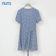 
NUTS autumn new French fresh blue V-neck floral short-sleeved dress for women