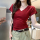 Korean 2025 summer new V-neck rag shoulder slim short-sleeved T-shirt for women's versatile top white cotton shirt